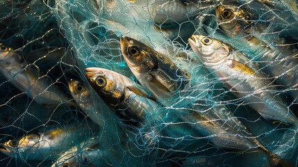 Close-up of sprats in a fishing net against a pitch black fishing type background with space for text or product, Generative AI. - obrazy, fototapety, plakaty