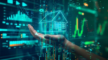 A hand reaching out to a floating home loan icon, holographic data and futuristic financial charts