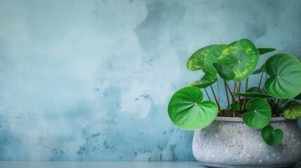 Pilea Peperomioides with soft blue grunge concrete wall. Negative space, Free space for text. Generative AI