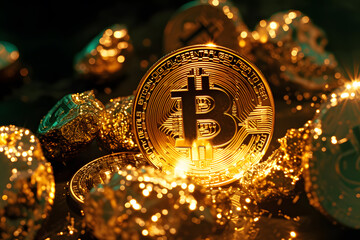 golden bitcoin on a pile of gold nugget close up,Golden Bitcoin Amidst Sparkling Gold Nuggets