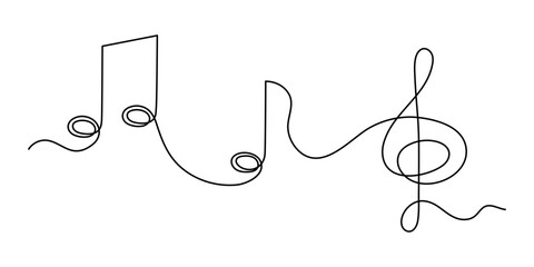 Treble clef and musical notes one line art, hand drawn continuous contour outline.Love music composition concept,minimalist template melody art design.Editable stroke.Isolated.Vector illustration