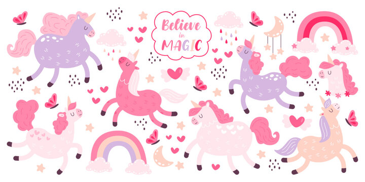 Cute little pink unicorn fantasy fairytale character set with believe in magic inspiration phrase