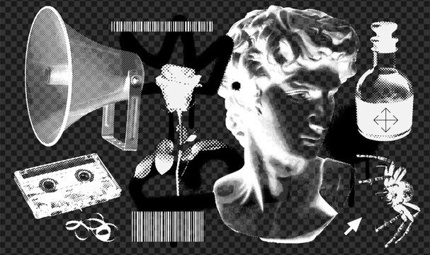 Vintage y2k set of different cool elements with retro negative photocopy effect. Y2k grunge loudspeaker, antique statue, cassette, rose, spider with a grainy effect and stippling. Vector illustration