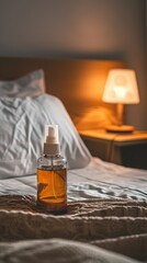 Fototapeta na wymiar A bottle of apple cider vinegar bed bug spray on a bedside table next to a bed