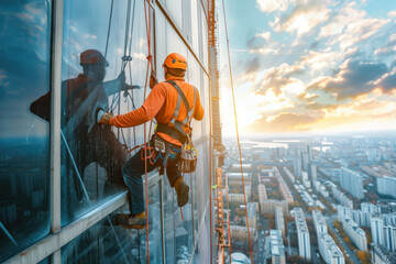 Man washing cleaning professional worker at high building on ropes protection