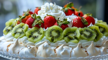 Fresh Fruit Topped Pavlova with Whipped Cream on Elegant Glass Dessert Stand for Festive Occasions