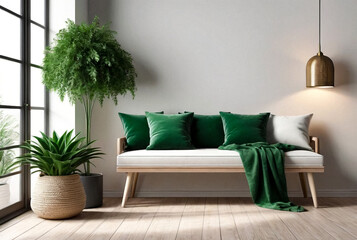 Interior home decor with soft bench, green house plant and stylish lamp in white room. Domestic composition of cozy living room with armchair, plants and bulb on isolated background. Copy text space