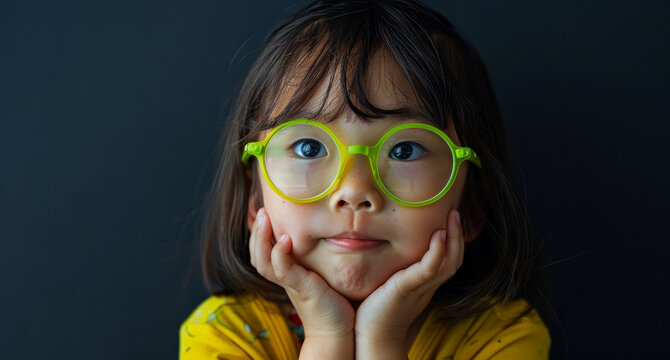 A Young Girl Wearing Green Glasses Is Looking At The Camera With A Quizzical Expression. A Chinese Little Girl Wearing Lime Framed Children's Glasses With A Nose Rest, Wearing Lime Clothes, Happy.