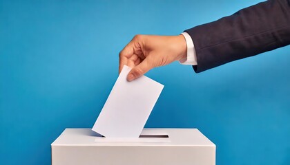 Hand Casting Ballot in Voting Box Against Blue Background