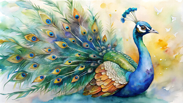 vibrant watercolor painting of a peacock with its feathers displayed against an abstract colorful background