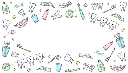 Dentistry set of doodle icons. Vector illustration of elements for the treatment and care of teeth. Dentist's tools. Teeth with emotions.