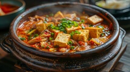 Traditional Spicy Kimchi Stew with Tofu in a Clay Pot - Authentic Korean Cuisine on Wooden Table