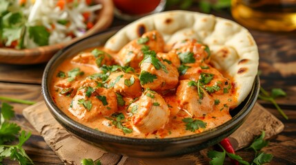 Traditional Indian Tikka Masala Chicken Dish Served with Fresh Naan Bread and Side Salad on Rustic Wooden Background