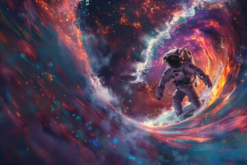 With dynamic lights surrounding, an astronaut surfs through an interstellar tunnel in a symbolic journey - 755625564