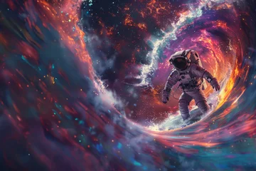 Foto op Plexiglas With dynamic lights surrounding, an astronaut surfs through an interstellar tunnel in a symbolic journey © Fxquadro