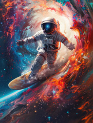Cosmic astronaut deftly carving a path through waves amidst a star-filled galaxy, symbolizing innovation