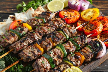 Delicious Grilled Kebabs with Vegetables on Wooden Platter, Perfect BBQ Dish for Dining and...