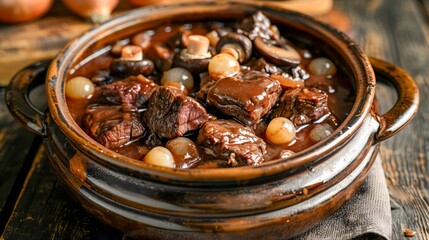 Fototapeta premium Hearty Beef Stew in a Rustic Clay Pot with Carrots, Mushrooms, Onions, and Pearl Onions on a Wooden Table