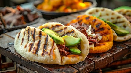 Grilled Taco with Sliced Avocado and Beef on Wooden Cutting Board, Authentic Mexican Street Food Concept
