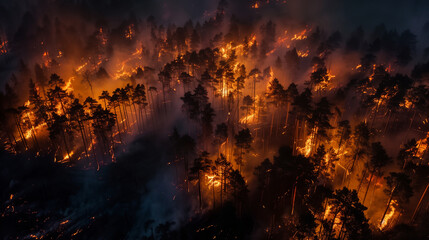 A forest fire is raging, with smoke and flames billowing out of the trees, natural disaster, fire in the forest