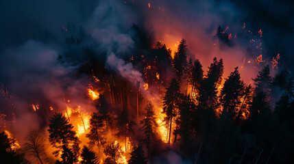 A forest fire is raging, with smoke and flames billowing out of the trees, natural disaster, fire in the forest - obrazy, fototapety, plakaty