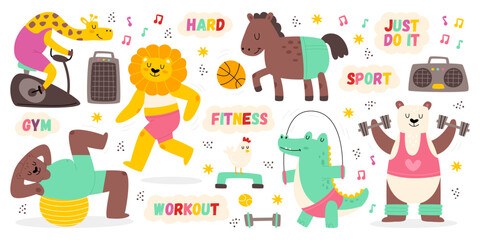 Funny animals characters doing fitness, enjoying sport exercises, training workout isolated set