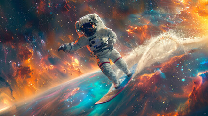 An astronaut boldly riding a surfboard on a cresting cosmic wave, merging the thrill of surfing with the wonder of space travel and futuristic imagery