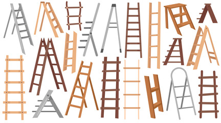 Metal, rope and wooden ladders different construction set tool for housework and housekeeping - obrazy, fototapety, plakaty