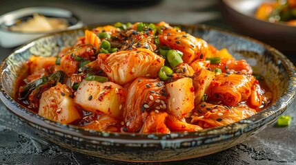 Spicy Korean Kimchi Dish with Sesame Seeds and Green Onions on Rustic Table, Traditional Fermented Food