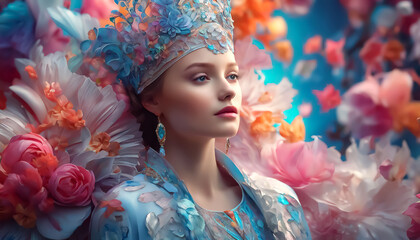 Beautiful young woman in flowers. Fantasy floral collage. Fictional scene