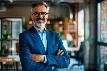 Fototapeta premium Happy middle aged business man ceo standing in office arms crossed. Smiling mature confident professional executive manager, proud lawyer, businessman leader wearing blue suit