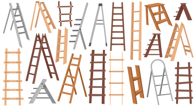 Metal, rope and wooden ladders different construction set tool for housework and housekeeping