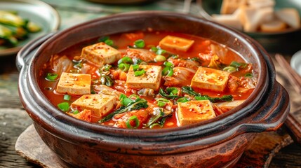 Traditional Spicy Tofu Stew in a Clay Pot with Spring Onions and Sesame Seeds – Authentic Asian...