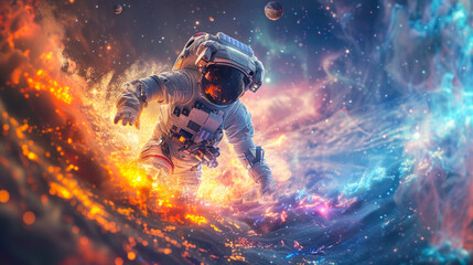 Capturing the intersection of human achievement and cosmic wonder, a cosmonaut is surrounded by the fiery beauty of space - obrazy, fototapety, plakaty