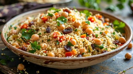 Delicious Couscous Salad with Chickpeas, Vegetables, and Herbs in Rustic Ceramic Bowl on Wooden Table, Healthy Vegan Meal