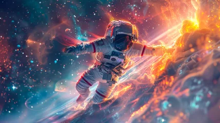 Fototapeten Capturing the intersection of human achievement and cosmic wonder, a cosmonaut is surrounded by the fiery beauty of space © Fxquadro