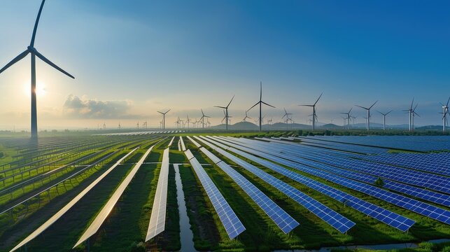 Dawn over Renewable Energy Farm with Wind Turbines and Solar Panels.