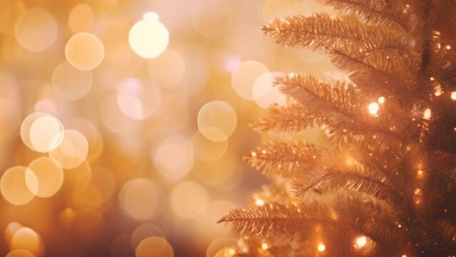 Golden Christmas background of blurry lights decorated trees
