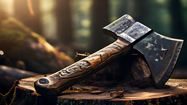  a rugged and weathered axe resting against a wooden stump, generative ai