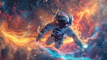 The image depicts an astronaut engaging with a surreal and ethereal form of space energy amid the cosmos