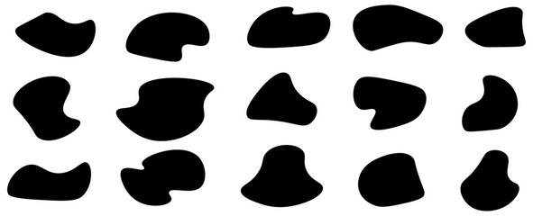 Black blob shapes, abstract organic forms, vector illustration. Modern blob shape design elements isolated on white background. Unique, artistic, creative, trendy, stylish, versatile, blobs set.