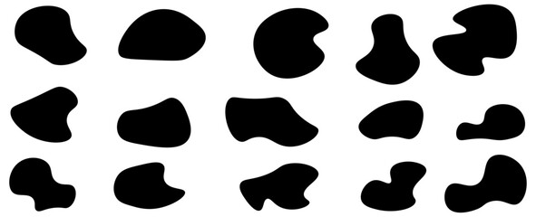 Black blob shapes, abstract organic forms, vector illustration. Modern blob shape design elements isolated on white background. Unique, artistic, creative, trendy, stylish, versatile, blobs set.