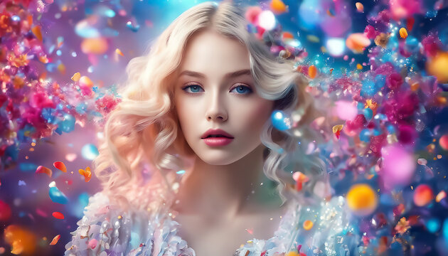 Young woman wearing flowers. Portrait of a beautiful woman. Fantasy collage. Fictional scene