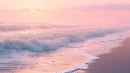 Gentle waves roll onto a shore under a soft dawn sky. - obrazy, fototapety, plakaty