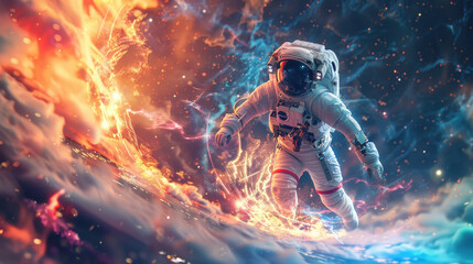 The image captures a dramatic scene with an astronaut against a backdrop of an explosive galactic event and fiery hues - obrazy, fototapety, plakaty