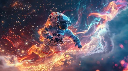 Tuinposter A tethered astronaut is pulled along a stream of vibrant cosmic energy, symbolizing guidance and momentum in life's journey © Fxquadro