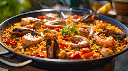 Traditional Spanish Paella with Shrimp, Mussels, and Fresh Vegetables Served in a Classic Pan on a Rustic Wooden Table, Authentic Mediterranean Cuisine