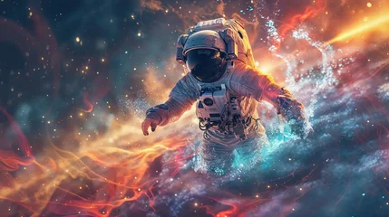 Fotobehang An astronaut floats in space as he is surrounded by a vivid explosion of cosmic dust and stars, depicting a sense of adventure and exploration © Fxquadro