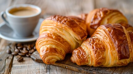 Fototapeta premium Fresh Flaky Golden Croissants Paired with Aromatic Espresso Coffee on Wooden Tabletop - Breakfast Delight Concept