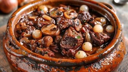 Fototapeta premium Traditional Slow-Cooked Beef Stew with Mushrooms, Herbs and Baby Onions in a Rustic Terracotta Pot Close-up